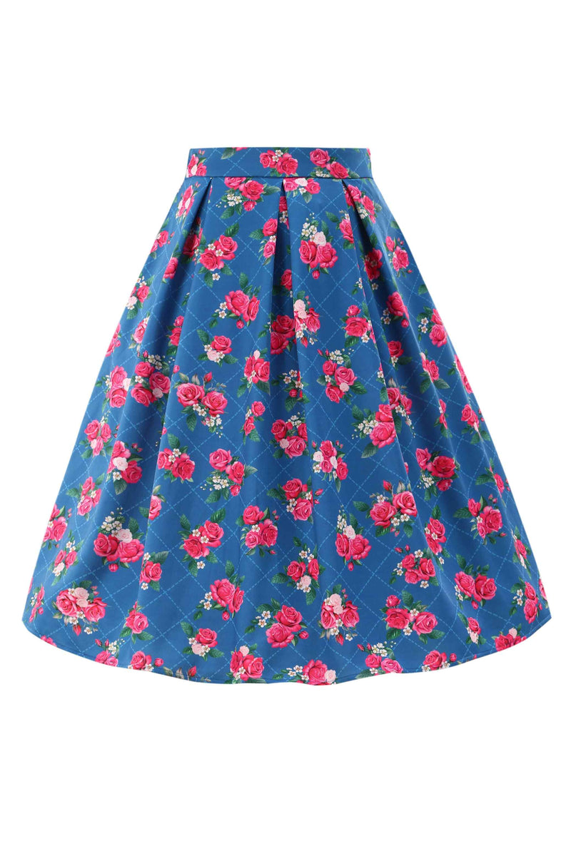 Front view of Aisley Blue Rose Pleated Midi Skirt