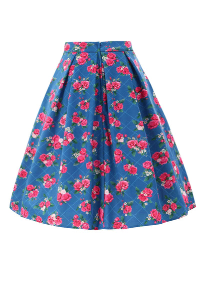 Back view of Aisley Blue Rose Pleated Midi Skirt