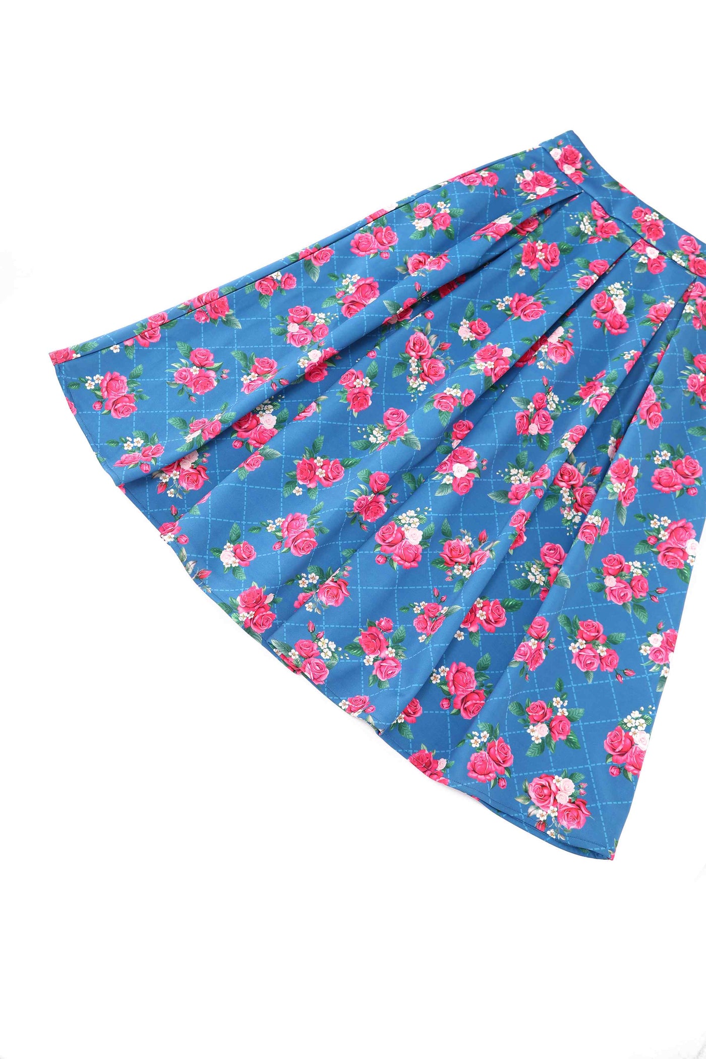 Close up view of Aisley Blue Rose Pleated Midi Skirt