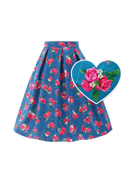 Front view of Aisley Blue Rose Pleated Midi Skirt