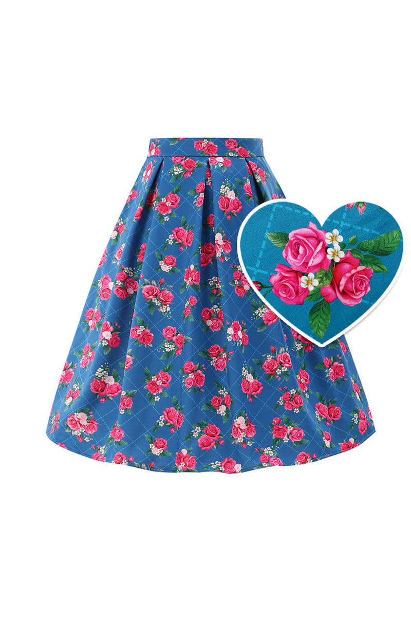 Front view of Aisley Blue Rose Pleated Midi Skirt