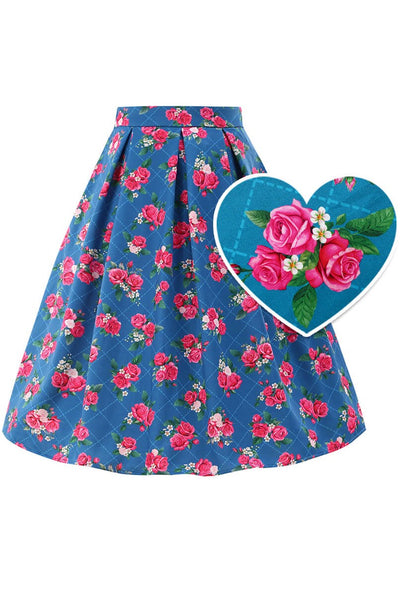 Aisley Blue Rose Pleated Midi Skirt