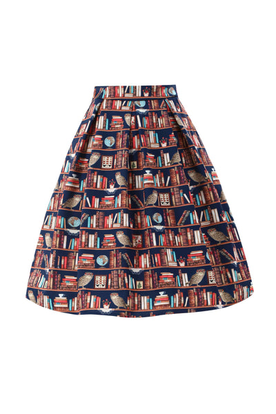 Front view of Aisley Book & Owl Pleated Midi Skirt