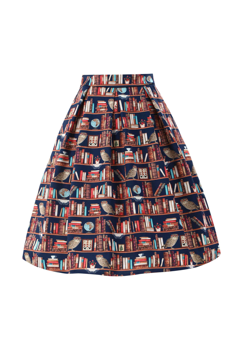 Front view of Aisley Book & Owl Pleated Midi Skirt