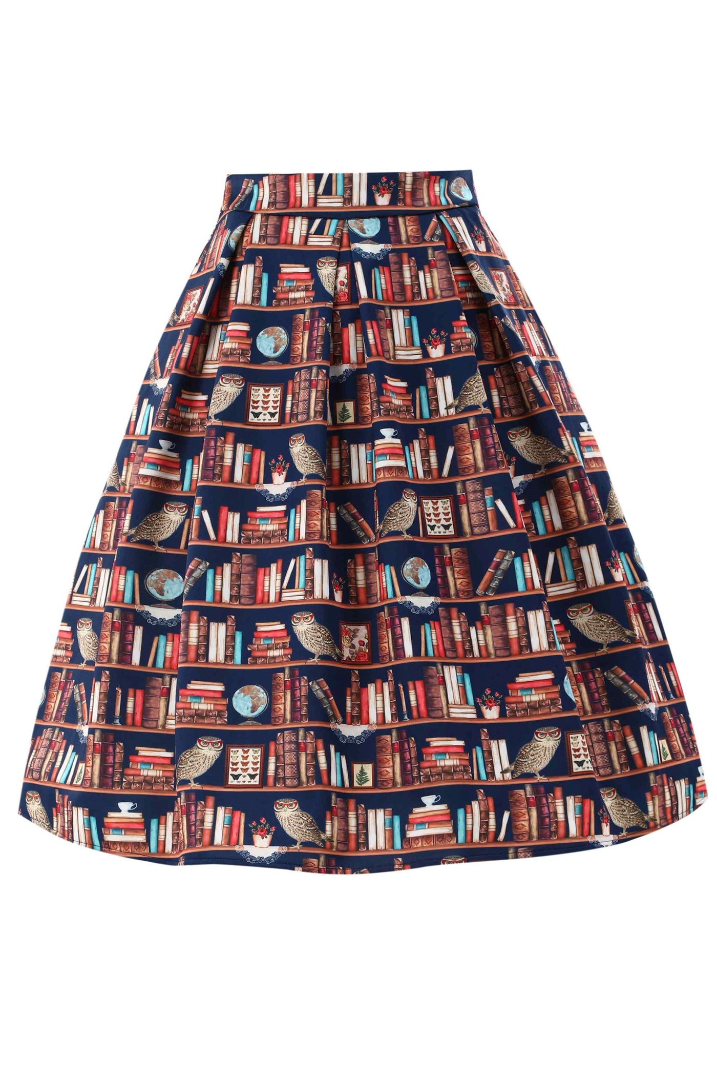 Front view of Aisley Book & Owl Pleated Midi Skirt