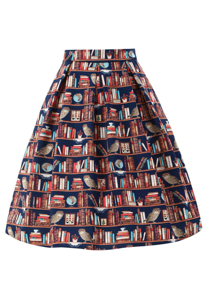 Front view of Aisley Book & Owl Pleated Midi Skirt