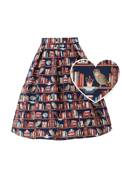 Front view of Aisley Book & Owl Pleated Midi Skirt