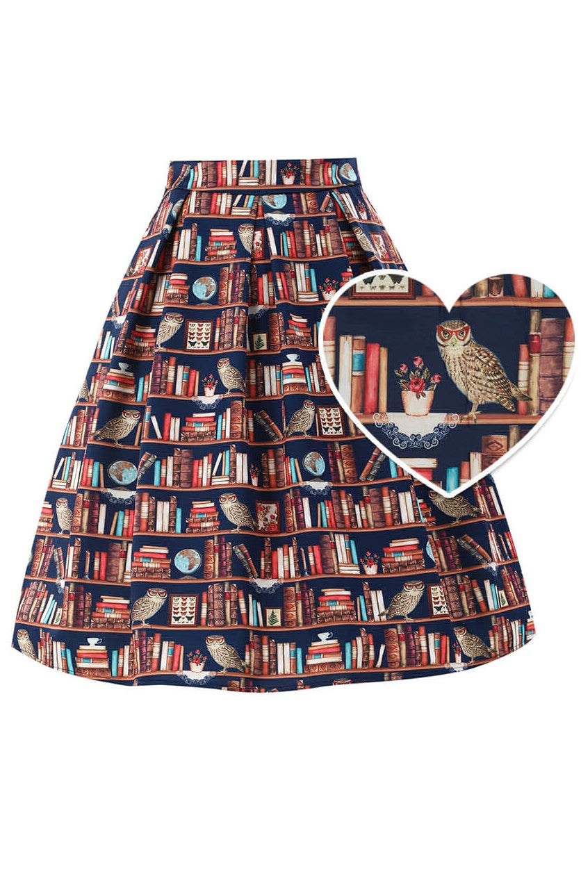 Front view of Aisley Book & Owl Pleated Midi Skirt