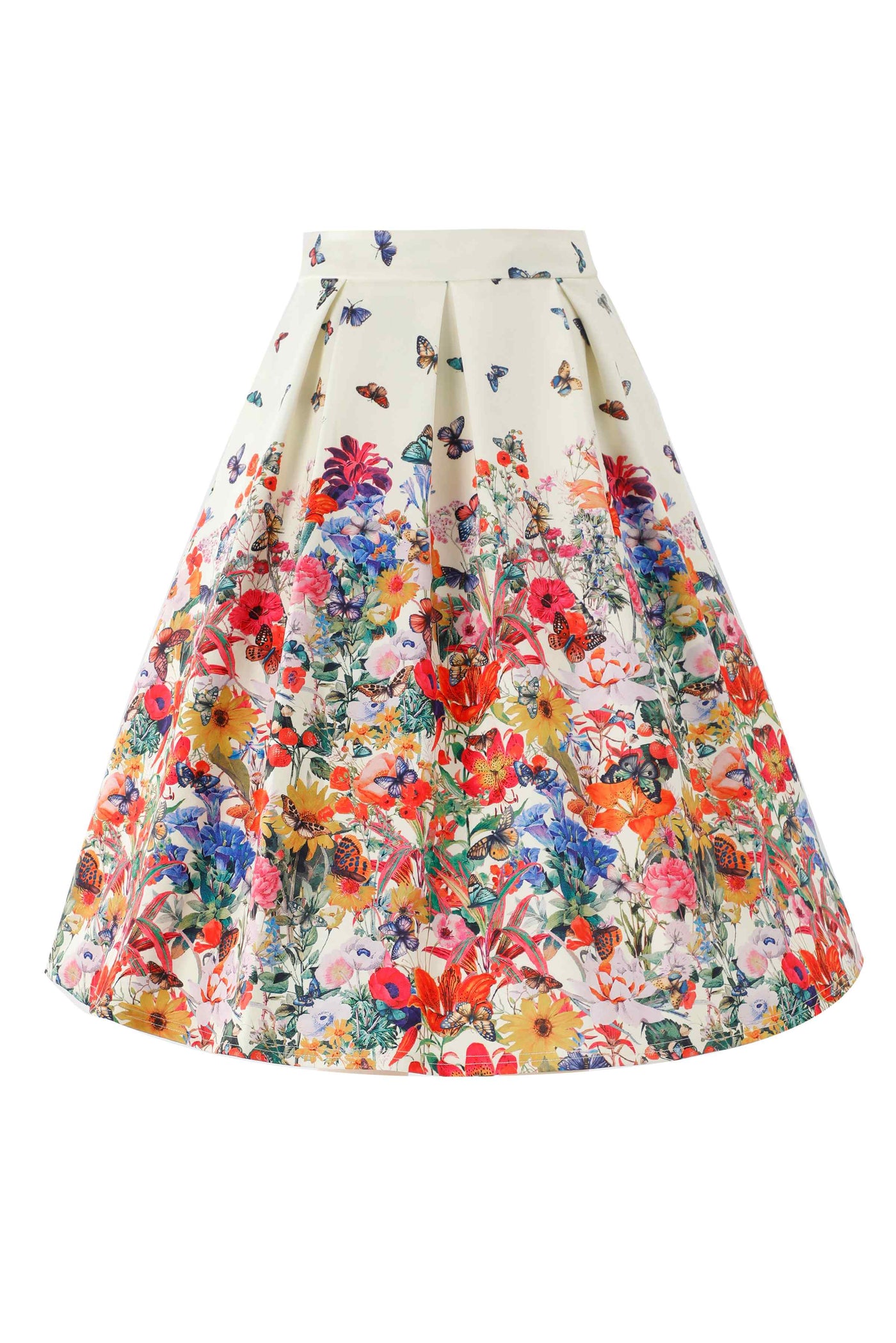 Front view of Aisley Butterfly Garden Pleated Midi Skirt