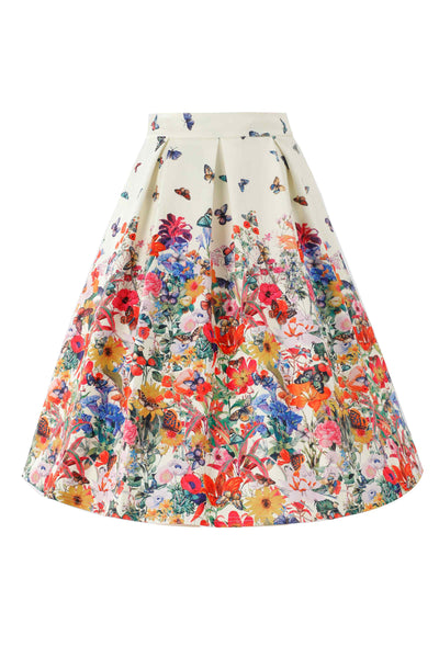 Front view of Aisley Butterfly Garden Pleated Midi Skirt