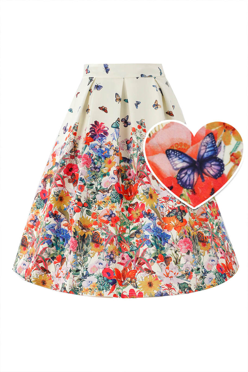 Front view of Aisley Butterfly Garden Pleated Midi Skirt