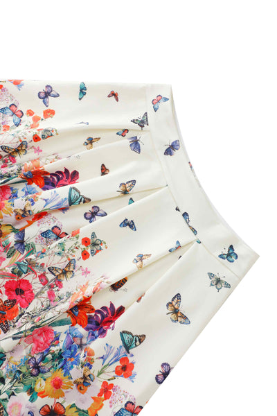 Close up view the waistband of Aisley Butterfly Garden Pleated Midi Skirt
