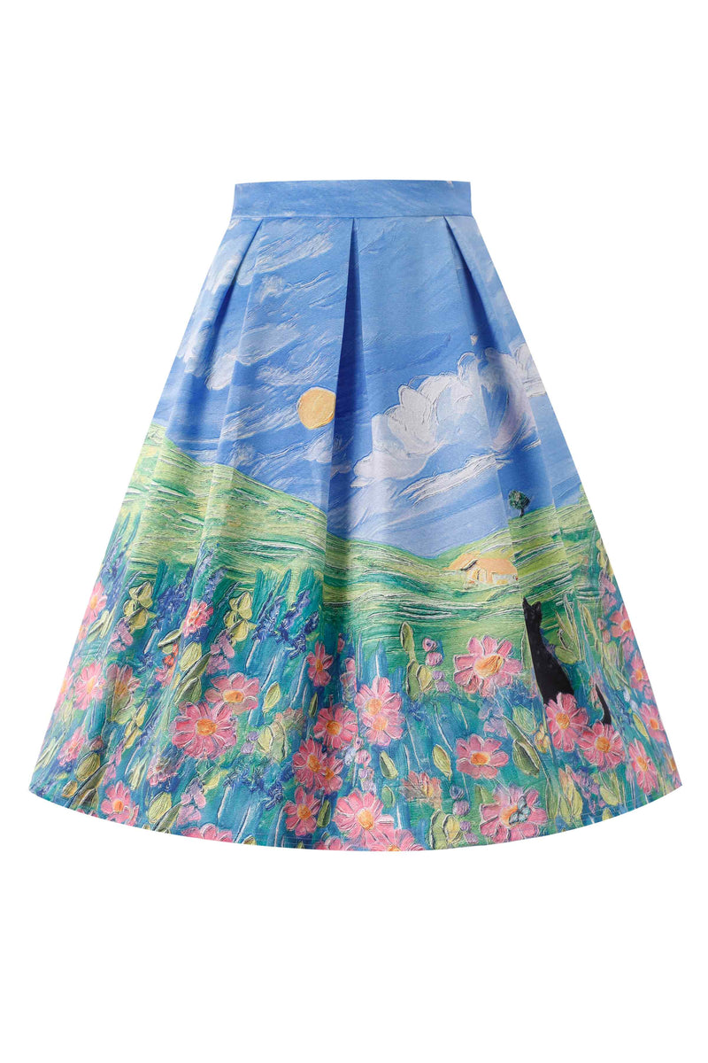 Front View of Aisley Cat Adventure Pleated Midi Skirt