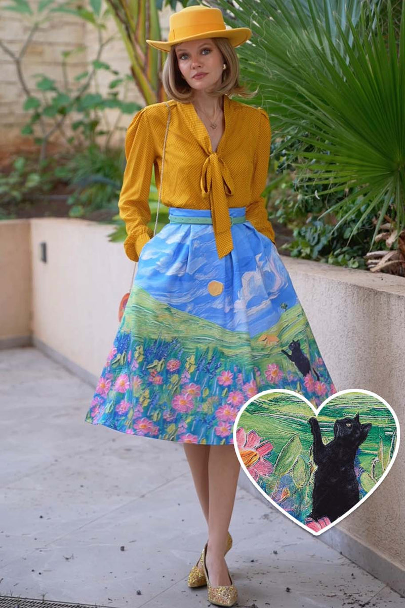 Aisley Cat Art Landscape Pleated Midi Skirt | Dolly & Dotty