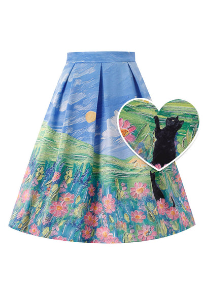 Front View of Aisley Cat Adventure Pleated Midi Skirt