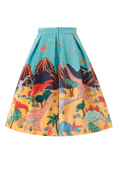 Back view of Aisley Dinosaur Extinction Pleated Midi Skirt