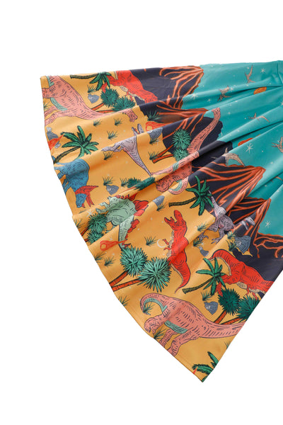 Close up view of Aisley Dinosaur Extinction Pleated Midi Skirt