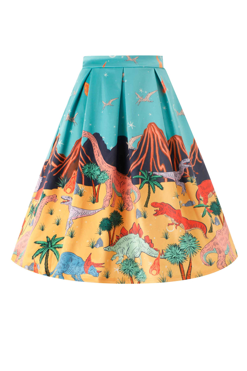 Front view of Aisley Dinosaur Extinction Pleated Midi Skirt