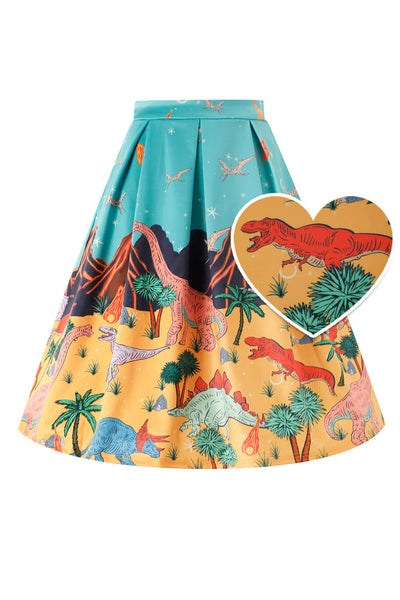 Front view of Aisley Dinosaur Extinction Pleated Midi Skirt