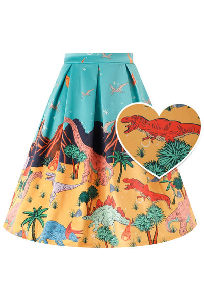 Front view of Aisley Dinosaur Extinction Pleated Midi Skirt