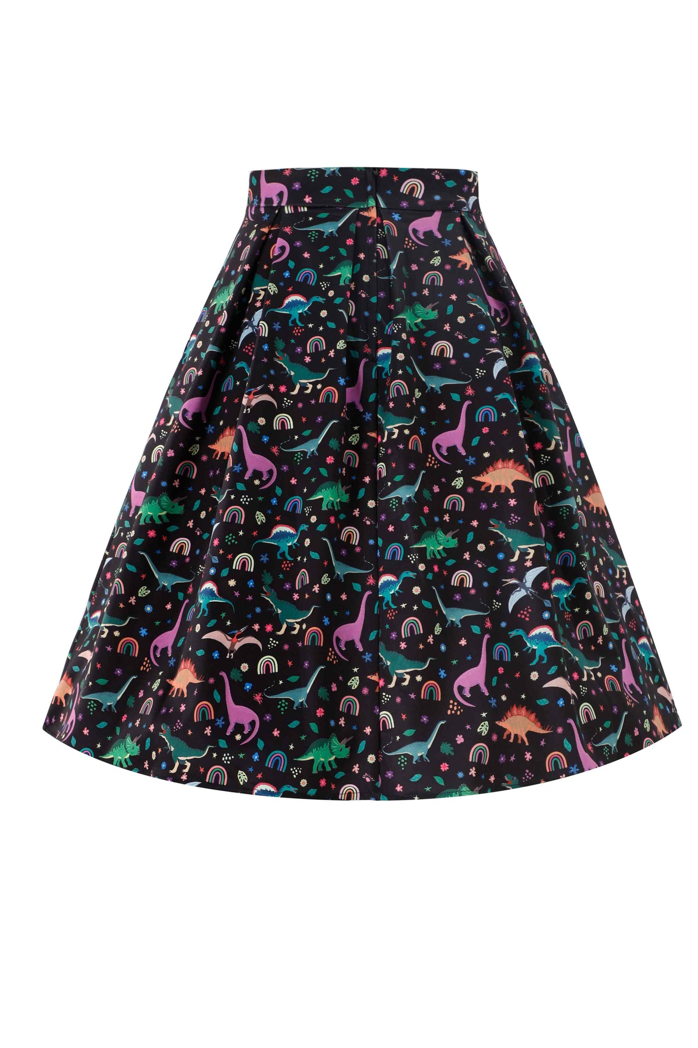Back view of Aisley Dinosaur Pleated Midi Skirt In Black