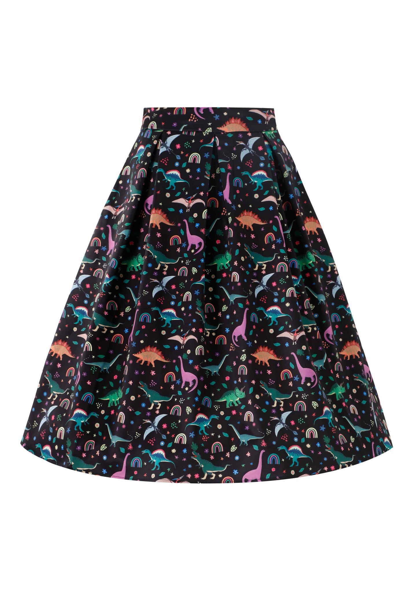 Front view of Aisley Dinosaur Pleated Midi Skirt In Black