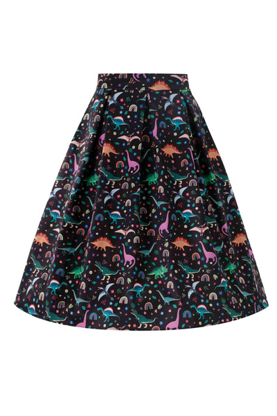 Front view of Aisley Dinosaur Pleated Midi Skirt In Black