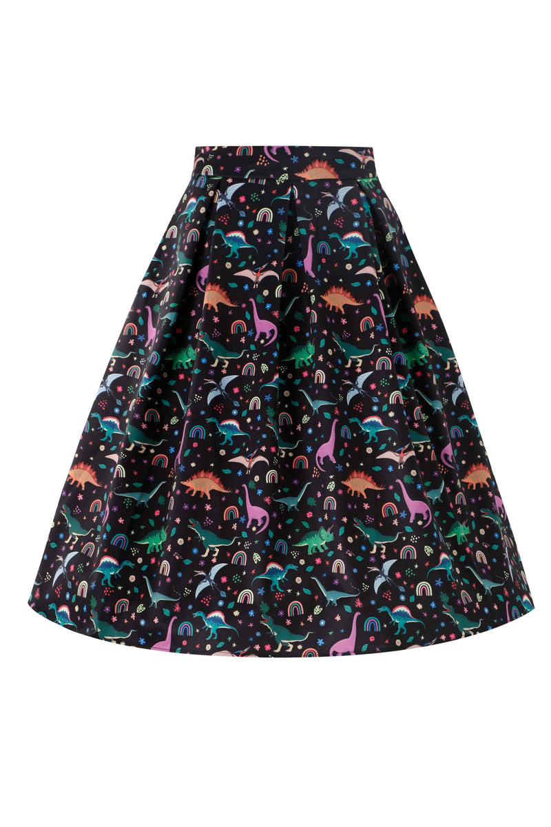 Front view of Aisley Dinosaur Pleated Midi Skirt In Black