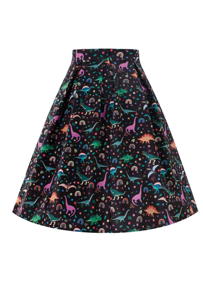 Back view of Aisley Dinosaur Pleated Midi Skirt In Black
