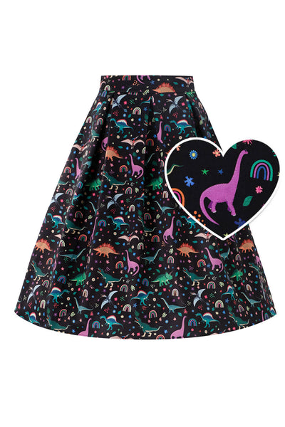 Front view of Aisley Dinosaur Pleated Midi Skirt In Black