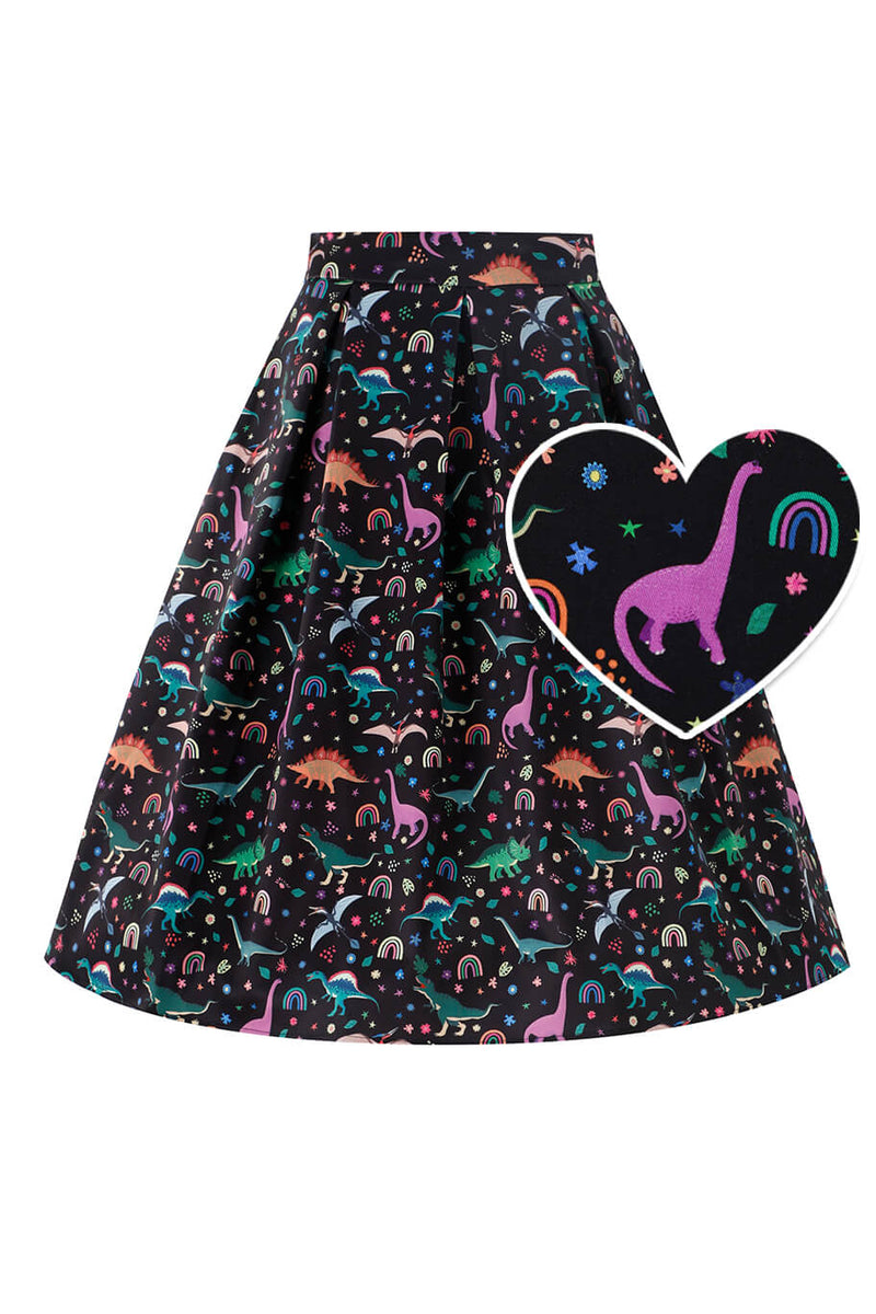 Front view of Aisley Dinosaur Pleated Midi Skirt In Black