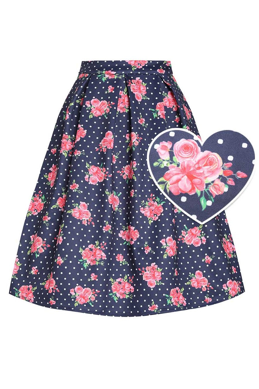 Front view of Aisley Pink Rose Midi Skirt In Blue