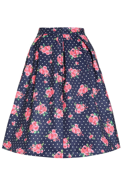 Back view of Aisley Pink Rose Midi Skirt In Blue