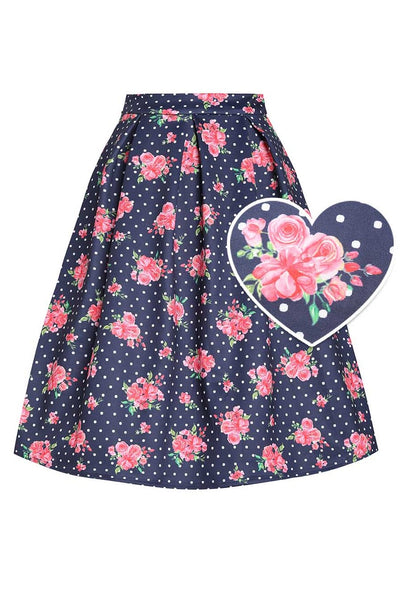 Front view of Aisley Pink Rose Midi Skirt In Blue