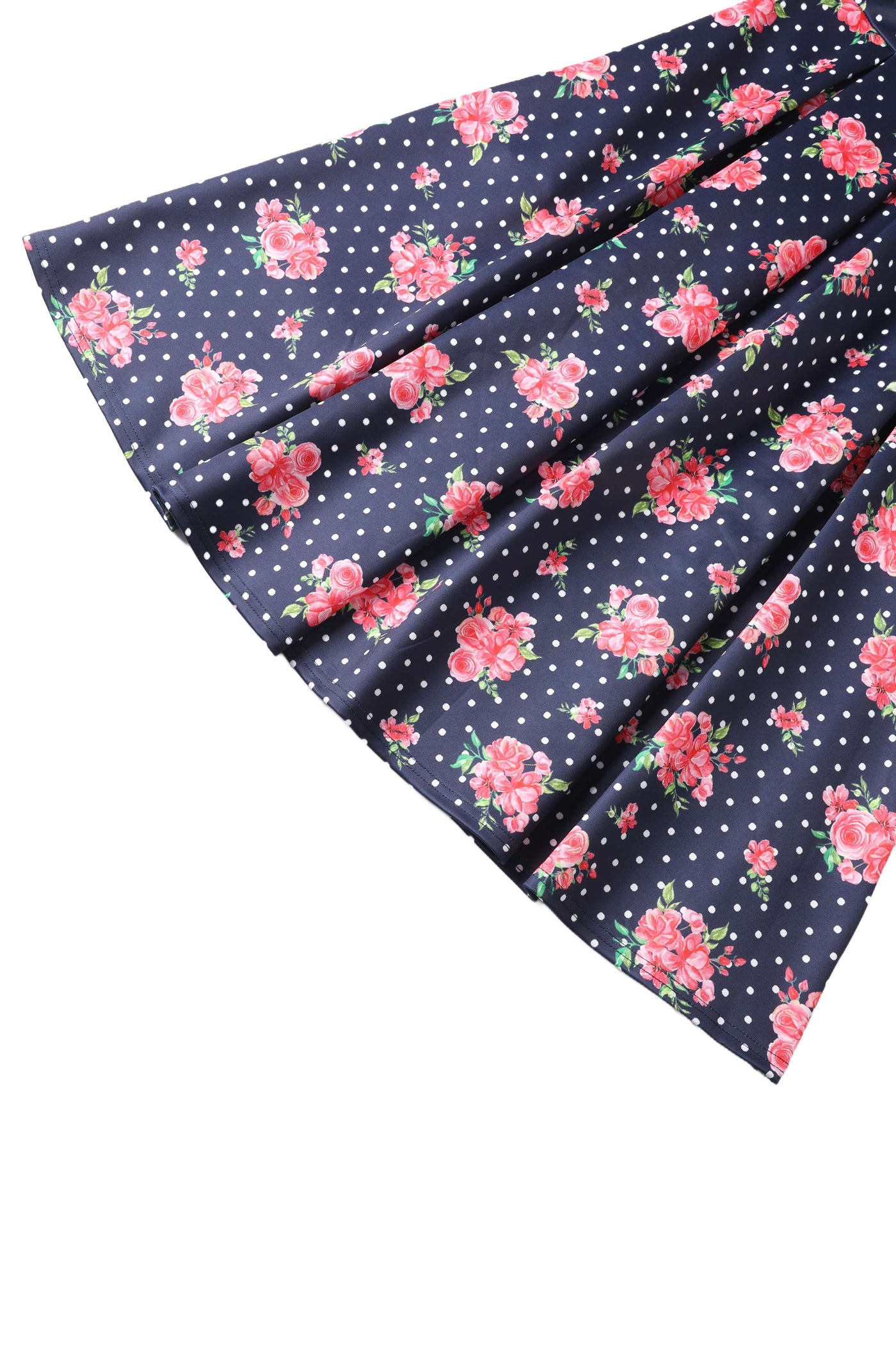 Close up view of Aisley Pink Rose Midi Skirt In Blue