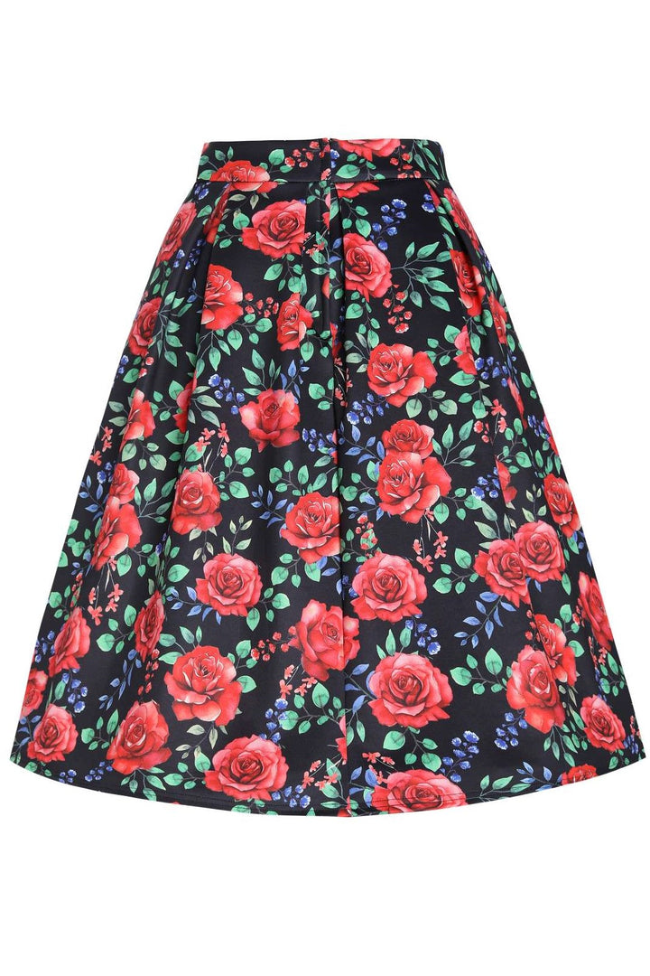 Aisley Red Rose Midi Skirt in Black/Red | Dolly & Dotty