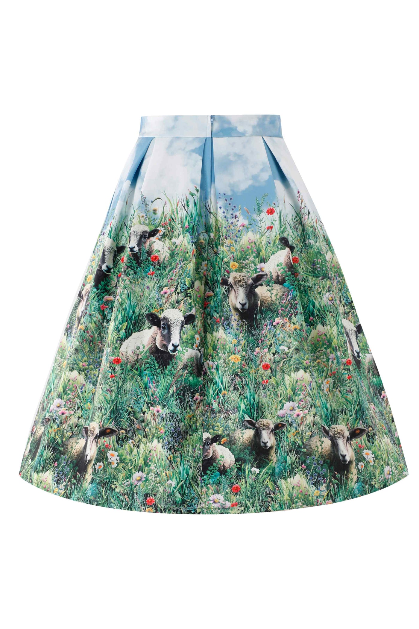 Front view of Aisley Dinosaur Extinction Pleated Midi Skirt