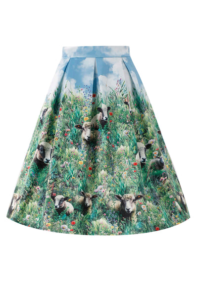 Front view of Aisley Dinosaur Extinction Pleated Midi Skirt