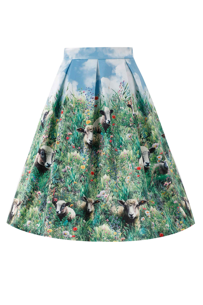 Front view of Aisley Dinosaur Extinction Pleated Midi Skirt