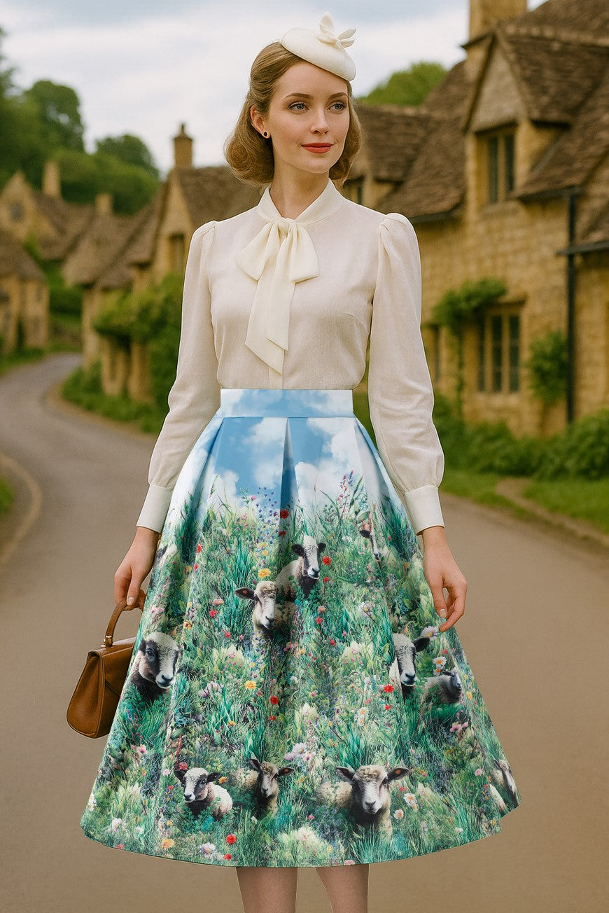 A model wearing an Aisley Dinosaur Extinction Pleated Midi Skirt