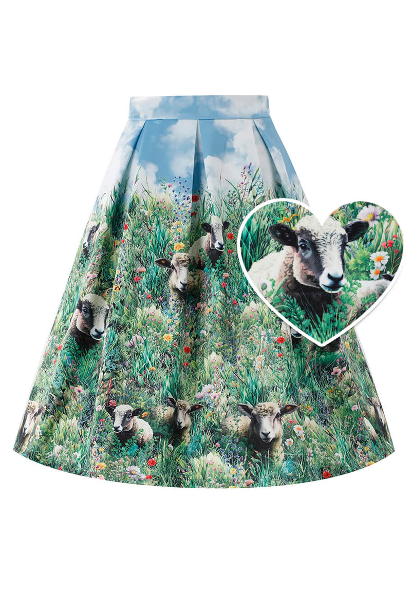 Front view of Aisley Dinosaur Extinction Pleated Midi Skirt