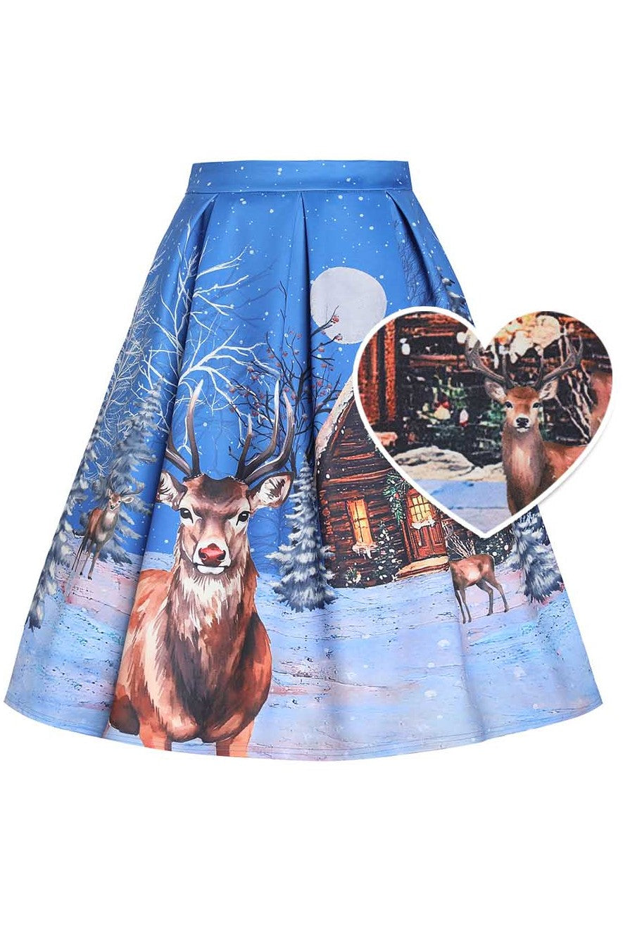 Front view of Aisley Snowy Christmas Night Reindeer Midi Skirt