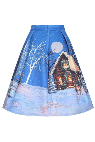Back view of Aisley Snowy Christmas Night Reindeer Midi Skirt