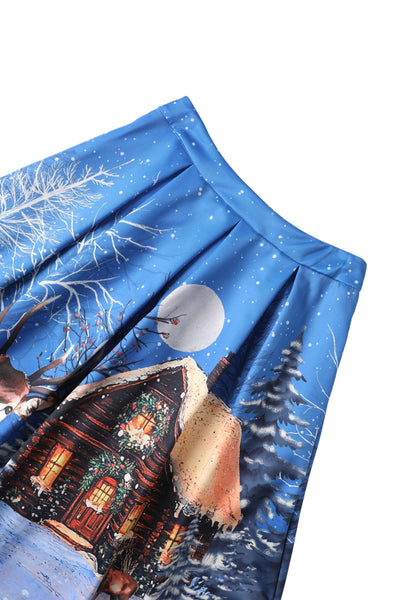 Close up view the waist band of Aisley Snowy Christmas Night Reindeer Midi Skirt
