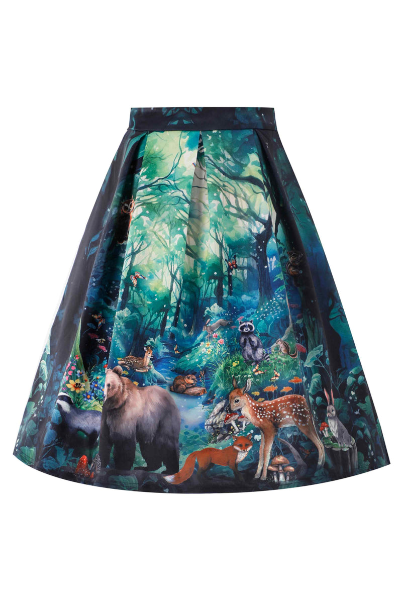 Front view of Aisley Woodland Creature Pleated Midi Skirt