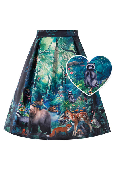 Front view of Aisley Woodland Creature Pleated Midi Skirt