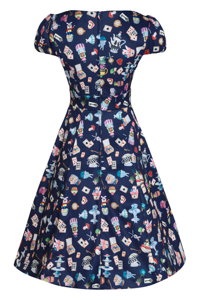 Back view of Alice In Wonderland Print Sleeved Dress in Navy Blue