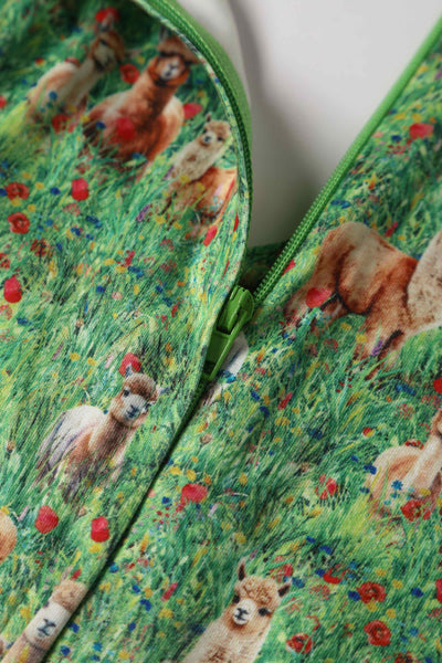 Close up View of Alpaca Field Print Long Sleeved Dress