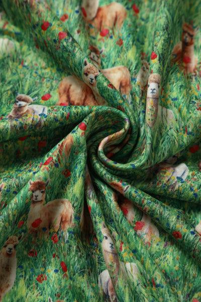 Close up View of Alpaca Field Print Long Sleeved Dress\