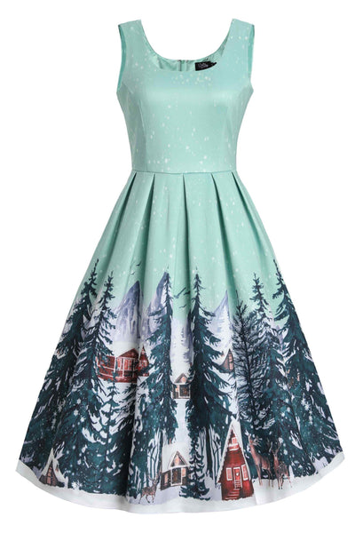 Front view of Alpine Forest Flared Dress